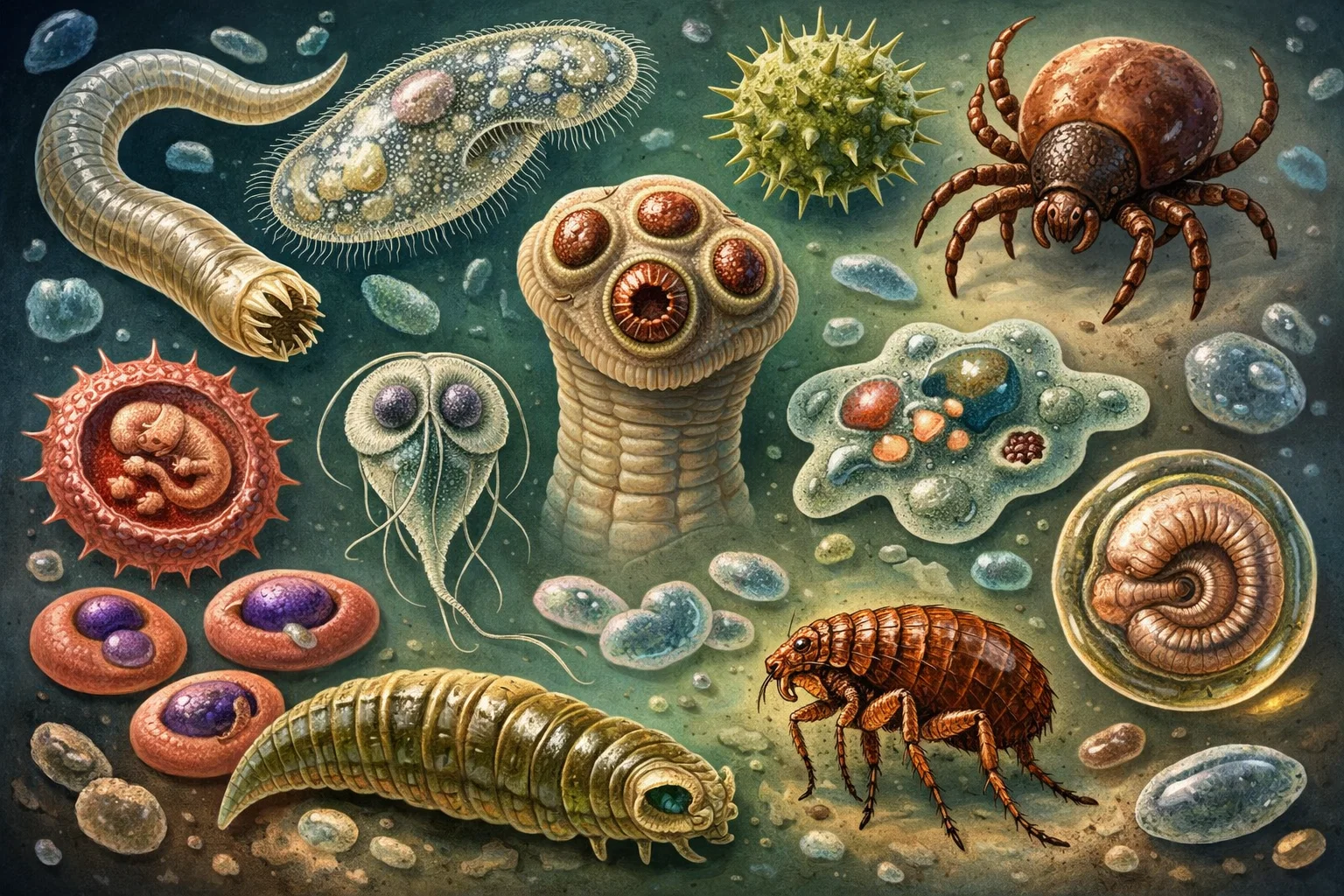 Microscopic view of various types of parasites, scientific illustration of cells and organisms