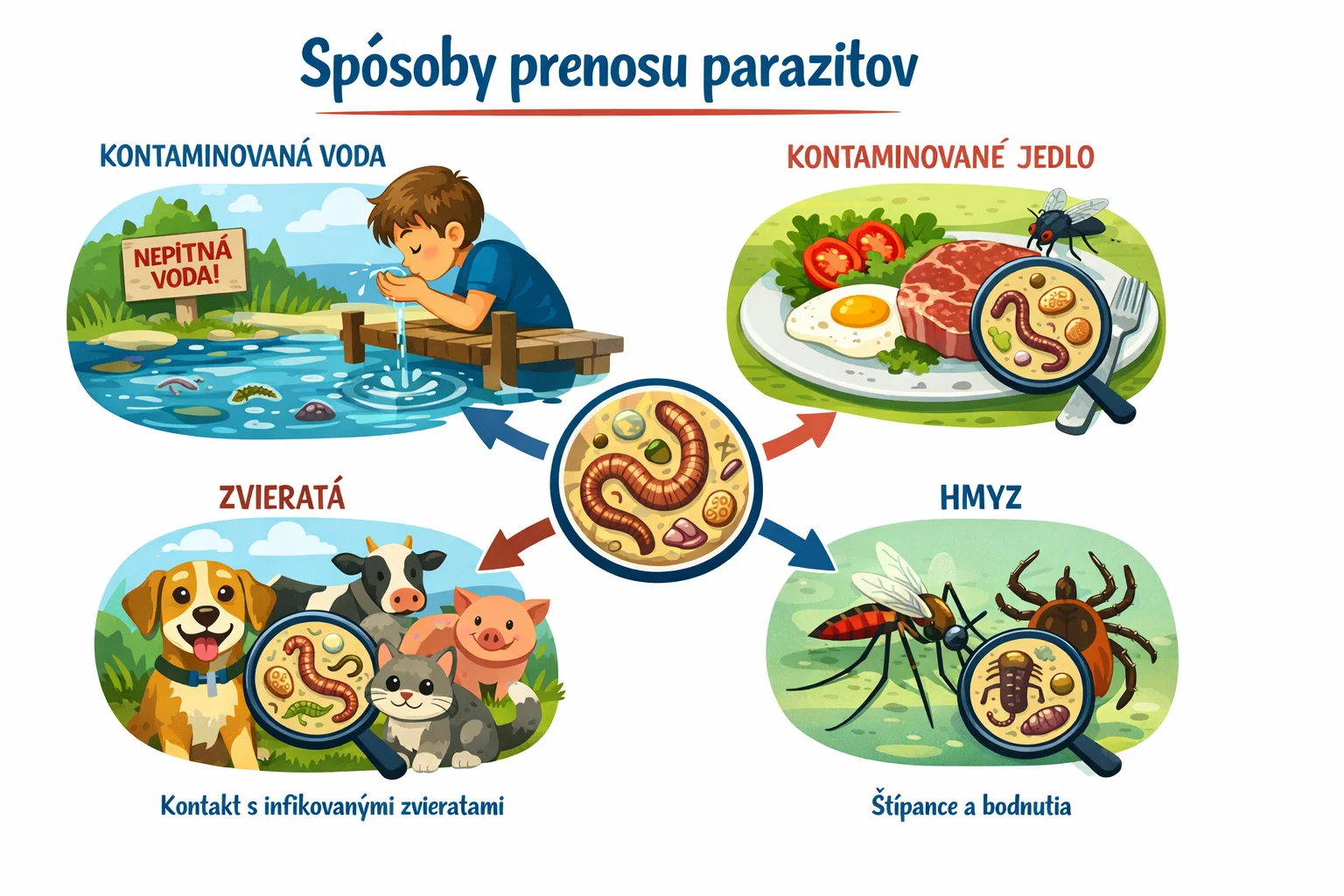 Infographic showing various ways of parasite transmission - contaminated water, food, animals, insects