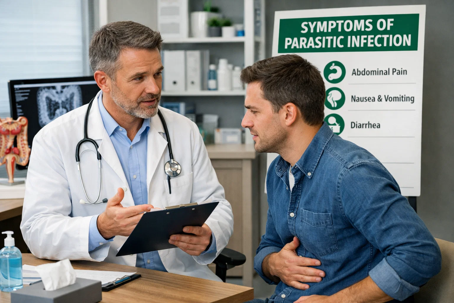 Doctor examining a patient, consultation about symptoms of a parasitic infection, modern clinic